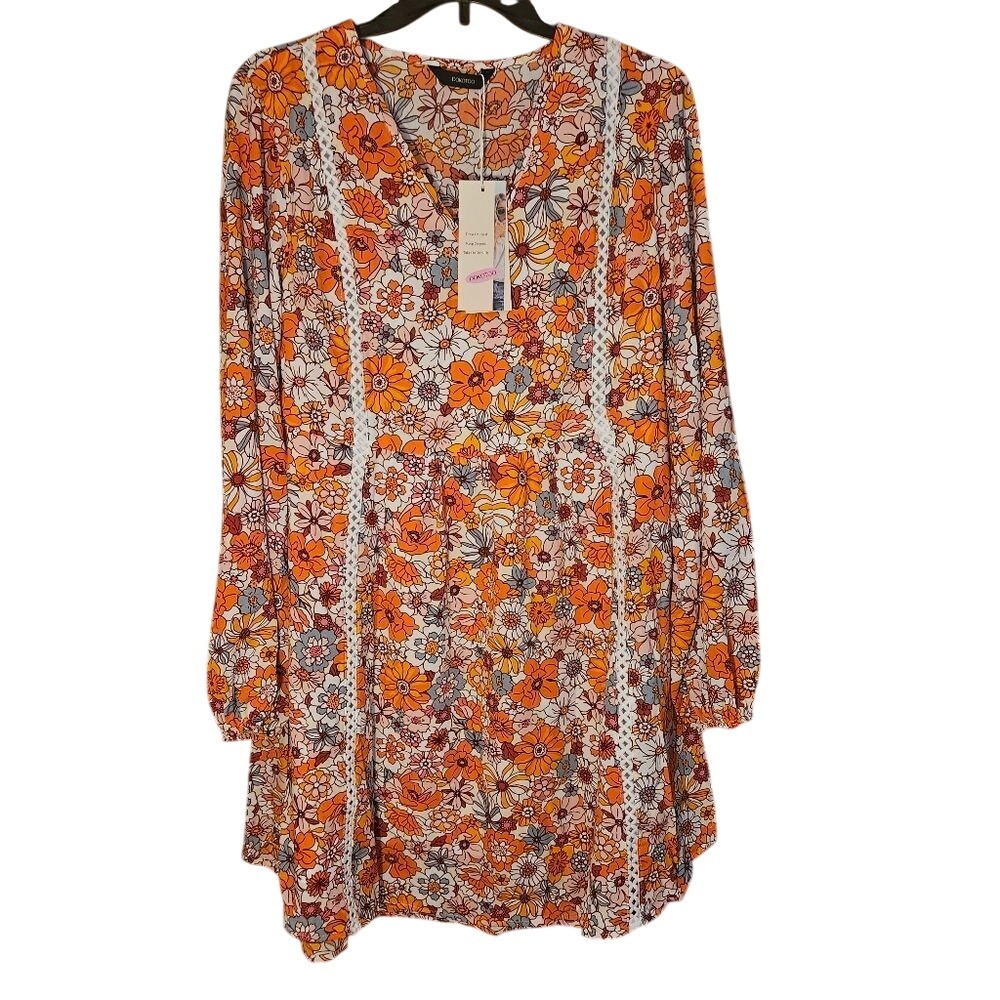 New Dokotoo Floral Embroidered Mini Dress Women's L Boho Peasant Sleeve